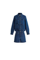 Colette Striped Washed Blue Patch Pocket Jacket and Shorts in Herringbone Denim