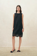 Violet Embroidery Embellished Dress in Silk-Wool Satin