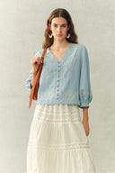 Marmont Pin Tuck Embroidery Blouse and Skirt Matching Set in Tencel Denim