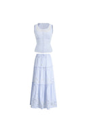 Lone Striped Embroidered Sleeveless Lace Trim Cami Top and Skirt Set in Crinkled Cotton