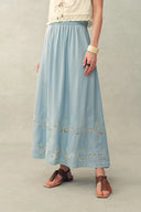 Marmont Pin Tuck Embroidery Blouse and Skirt Matching Set in Tencel Denim