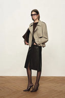 Elva Large Lapel Pleated Hem Short Trench Coat in Lightweight Blend