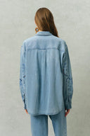 Vinetta Curved Button Placket Floral Embroidered Shirt and Jeans Matching Set in Cotton Linen Denim