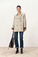 Catelo Double Breasted Leather Belted Short Trench Coat in Wrinkle Resistant Cotton