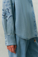 Vinetta Curved Button Placket Floral Embroidered Shirt and Jeans Matching Set in Cotton Linen Denim