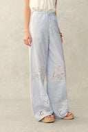 Lone Striped Embroidered Sleeveless Lace Trim Cami Top and Pants Set in Crinkled Cotton