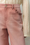 Delphine Ruffled Hem Pink Jeans in Cotton Denim