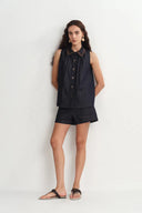 Zach Sleeveless Top and Shorts Matching Set in Silk-Cotton Denim