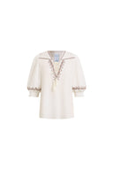 Becky Cross Stitch Tie Front Short Sleeve Shirt in Linen Blend