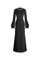 Nokta Hand Sewn Rhinestone Collar Maxi Dress in Linen Style Suiting