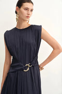 Celeste Sleeveless Navy Dress in Pleated Satin