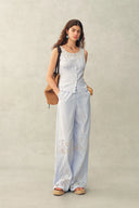 Lone Striped Embroidered Sleeveless Lace Trim Cami Top and Skirt Set in Crinkled Cotton
