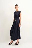 Celeste Sleeveless Navy Dress in Pleated Satin