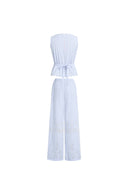 Lone Striped Embroidered Sleeveless Lace Trim Cami Top and Pants Set in Crinkled Cotton