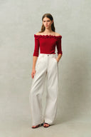 Genevieve Color Blocked White Jeans in Cotton Denim