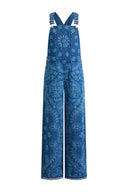 Hazel Laser-Print Paisley Denim Overalls in Cotton Denim