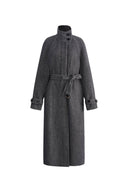 Edwina Grey Long Herringbone Coat in Lightweight Merino Wool