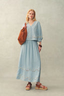 Shirley Eyelet Embroidered Washed Light-Blue Denim Skirt in Tencel Denim