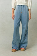 Vinetta Curved Button Placket Floral Embroidered Shirt and Jeans Matching Set in Cotton Linen Denim