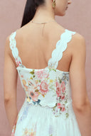 Xena Watercolor Flora Embroidery Strap Dress in Silk-Linen