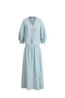 Marmont Pin Tuck Embroidery Blouse and Skirt Matching Set in Tencel Denim