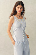 Lone Striped Embroidered Sleeveless Lace Trim Cami Top and Skirt Set in Crinkled Cotton