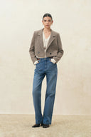 Odelia Leather Buckle Straight Leg Jeans in Cotton Denim